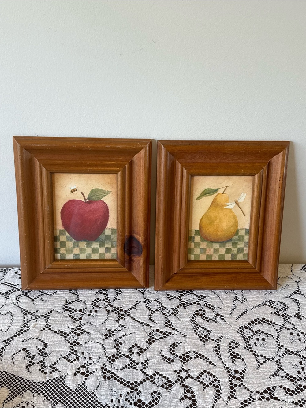 Cottagecore Apple and Pear Folk Art Prints in Solid Wood Frames